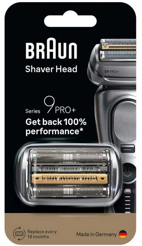 Tête de rasoir Braun Series 9 PRO+, argent avec détails dorés, dans son emballage.