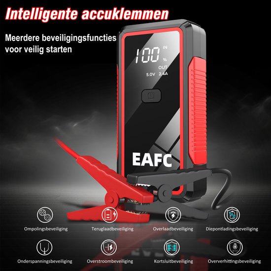 Zwarte en rode EAFC jumpstarter met intelligente accuklemmen. Geeft 100% lading aan. Tekst: "Intelligente accuklemmen".