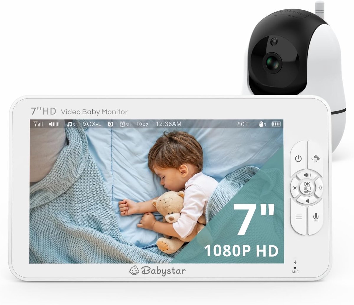 Babyfoon met Camera 7 Inch, HD 1080p Video, Infrarood Nachtzicht, Twee-Weg Audio, Temperatuur Sensor, Lange Batterijduur