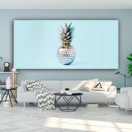 Canvas schilderij 200x100 cm - Exclusieve wanddecoratie Blauw - Ananas - Disco - Discobal - Muurdecoratie accessoires - Keuken decoratie muur - Schilderijen op canvas