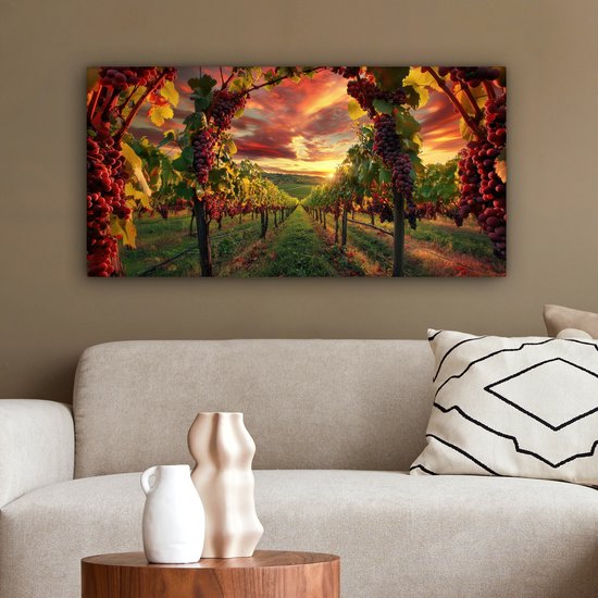 Tableau sur toile 100x50 cm - Décoration murale exclusive Vignoble - Raisins - Coucher de soleil - Décoration murale salon - Décoration chambre - Accessoires chambre - Peintures sur toile