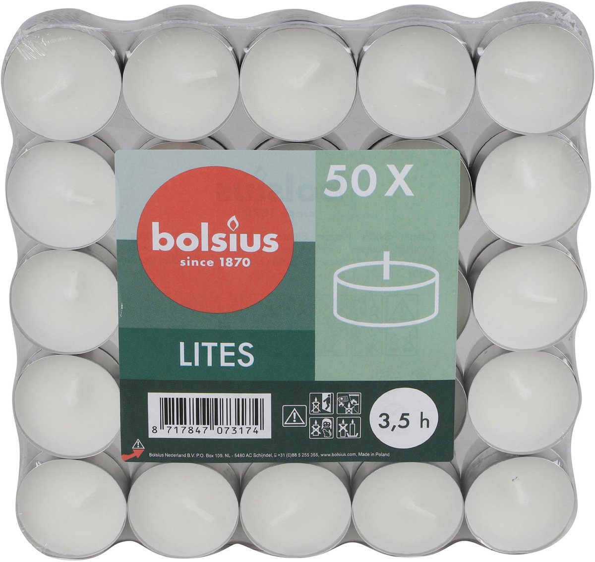 Bolsius Waxinelichtjes - 50x stuks - 3,5 branduren - kaarsjes - lichtjes Wit
