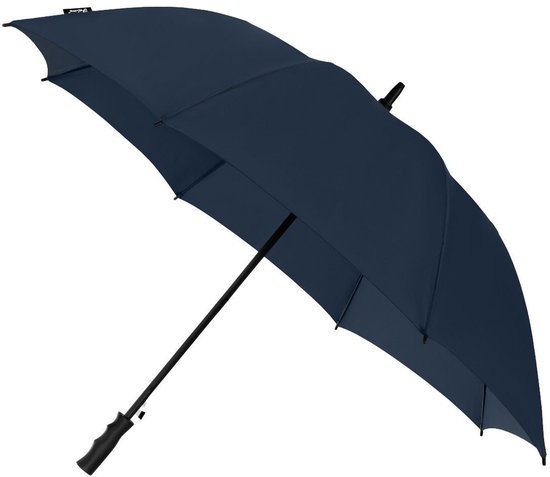 Een opengesperde marineblauwe golfparaplu met een zwarte steel en handvat.