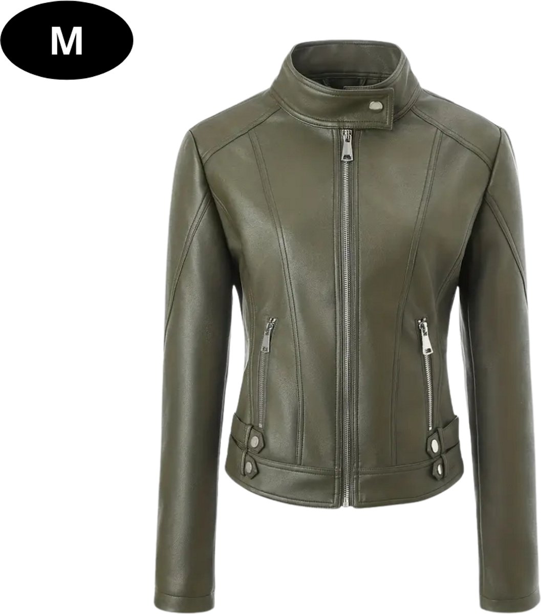 Livano Kunst Leren Jas Leather Jacket Lederen Jas Bomberjack Pilotenjack Blazer Biker Motorjas Motormuis Dames Groen