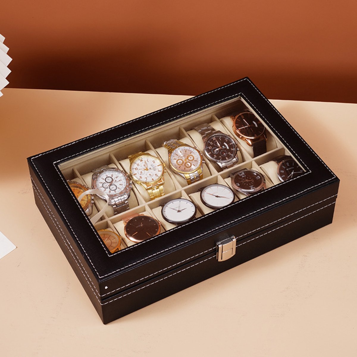 CHIWIN Horlogedoos met Transparant venster en Slot - Horloge Box voor 12 Horloges - Luxe Horlogekist met Fluweel Binnenwerk - Stofdichte Horlogekist - Zwart