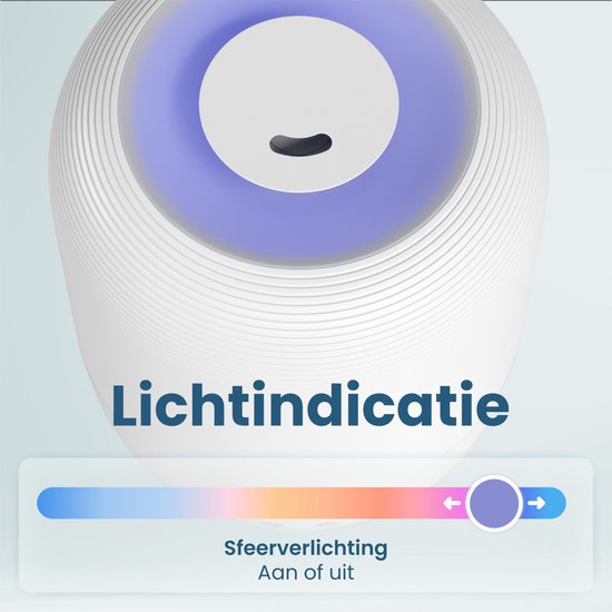 Gros plan du diffuseur blanc au design rayé, avec "Indicateur lumineux" violet