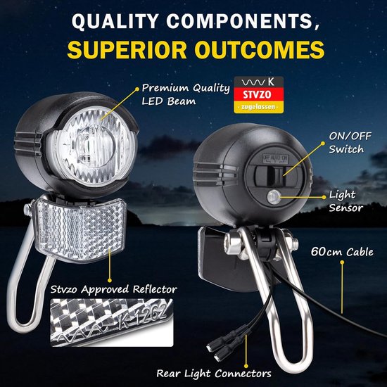 Fietskoplamp 30 LUX LED met StVZO goedkeuring - Dynamo Aangedreven Verlichting voor Fietsen — afbeelding 5
