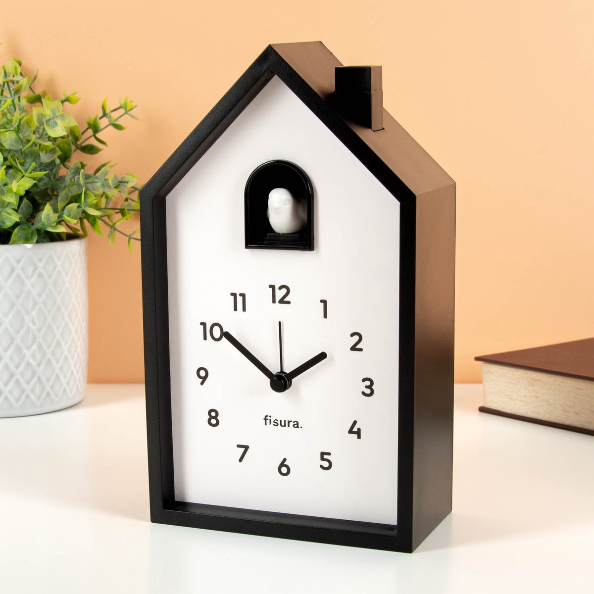 Fisura – Wekker cuco huis wit en zwart. Originele analoge wekker. Naaldwekker, met sluimerknop, licht. Bediening: 3 AA-batterijen (niet inbegrepen