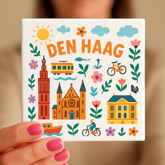 Carreau La Haye - 15 x 15 cm - Céramique - Souvenir décoratif - Avec support/chevalet transparent - Cadeau - Carreaux avec texte