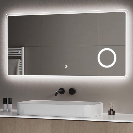 Afgeronde badkamerspiegel met LED-verlichting, tweekleurig, touch‑schakelaar