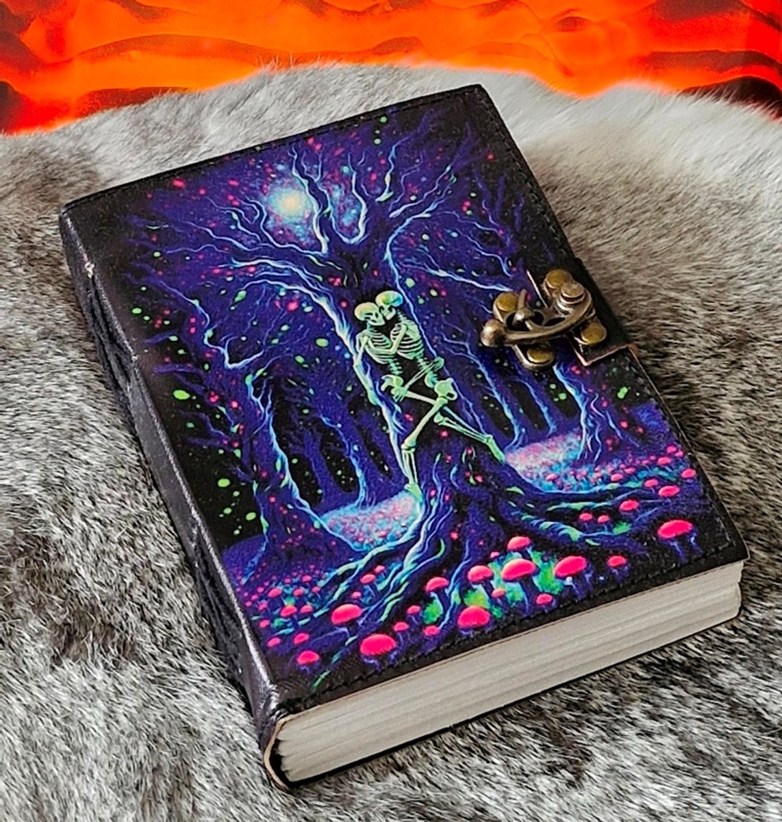 Leren Dagboek Neon Lovers - Skeletten Leren Dagboek - Leren Journals met Skeletten - 18x13cm