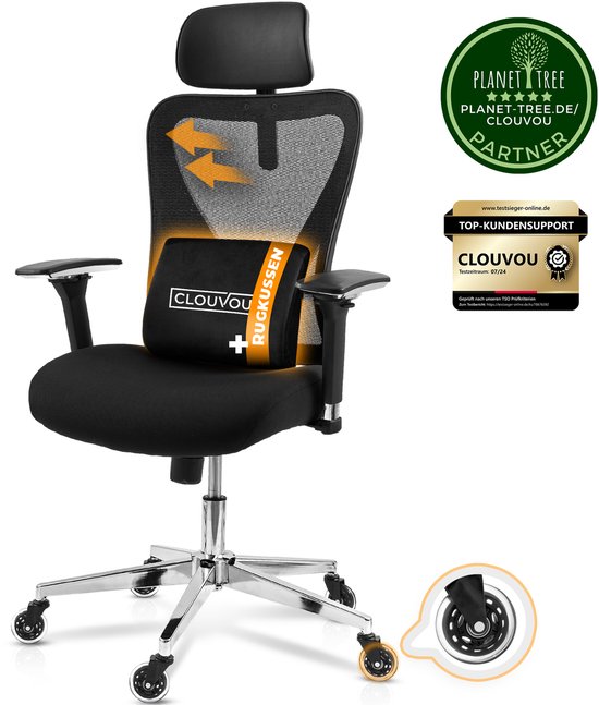 CLOUVOU CleverSeat Ergonomische Bureaustoel voor Thuis & Kantoor - 4D Armleuningen - Orthopedisch Rugkussen - Max. 150 kg - Zwart
