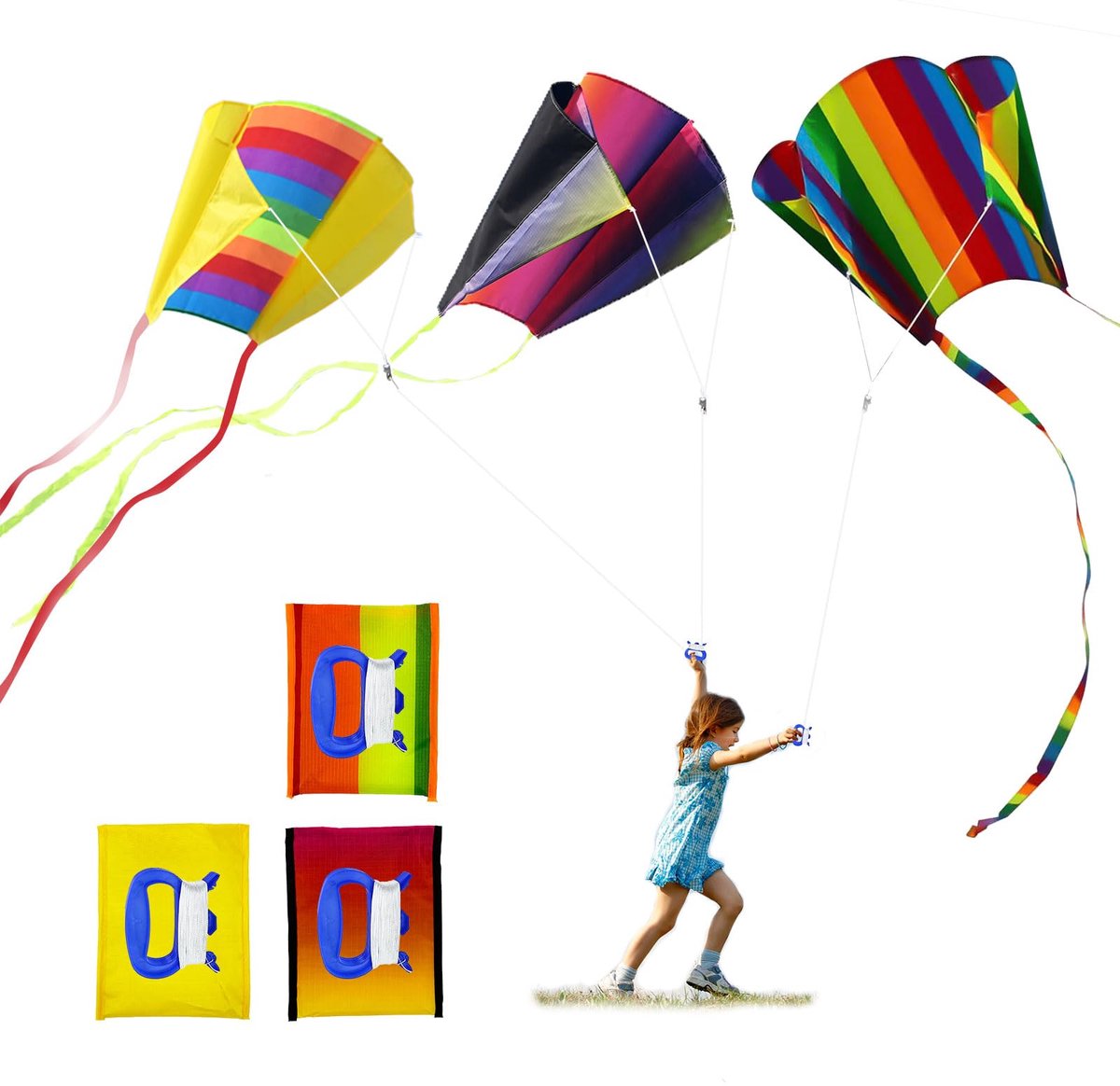 3 colourful kites for boys and girls, rainbow kite with dragon rope and handle, for summer sports in the beach park, easy to assemble