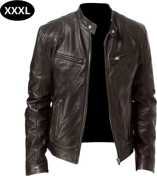 Veste de motard tendance pour homme en cuir marron foncé, avec fermetures éclair et poches sur la poitrine, XXXL.