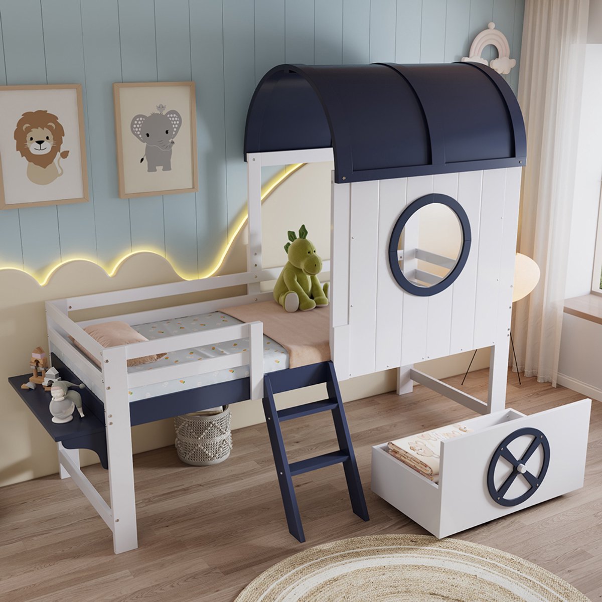 BLACKCOLORS Stapelbed, halfhoog bed, kinderbed met dak en raam, onderlade op wieltjes, praktische schuine ladder met twee treden, grenen + MDF + multiplex, wit + donkerblauw, 90 x 200 cm