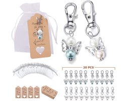 Beschermengel, gastgeschenken, bruiloft, 20 stuks, sleutelhangers, beschermengel + kaartjes, bedankje, cadeaus + organza zakje voor verjaardag, doop, bruiloft, communie, feest