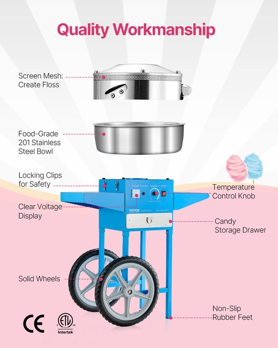 VEVOR Commerciële Suikerspinmachine met Kar 1000W Blauw — afbeelding 3