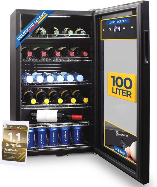 Sommertal koelkast Stille drankkoelkast met led, touchscreen en slot Kleine flessenkoelkast zwart [Energieklasse F]