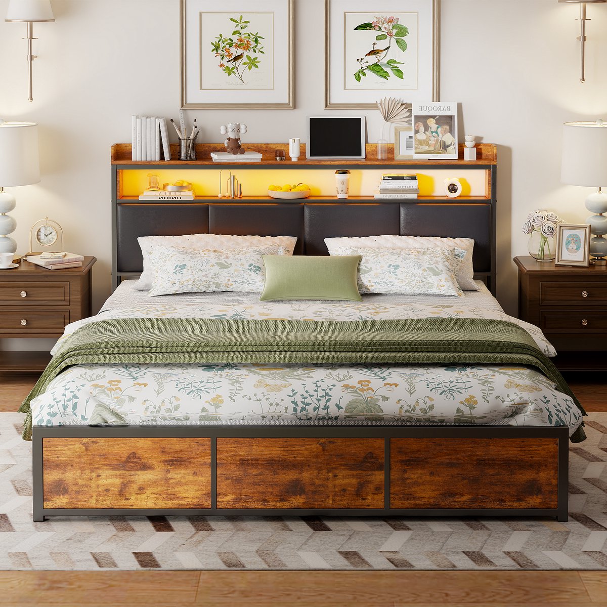 ROSAHQNDA Gestoffeerd bed, 140x200 cm - tweepersoonsbed - met 4 lades - metalen bedframe - LED-verlichting, zwart PU-hoofdeinde, volwassen bed/slaapkamerbed, vintage bruin (verzonden in 2 pakketten)
