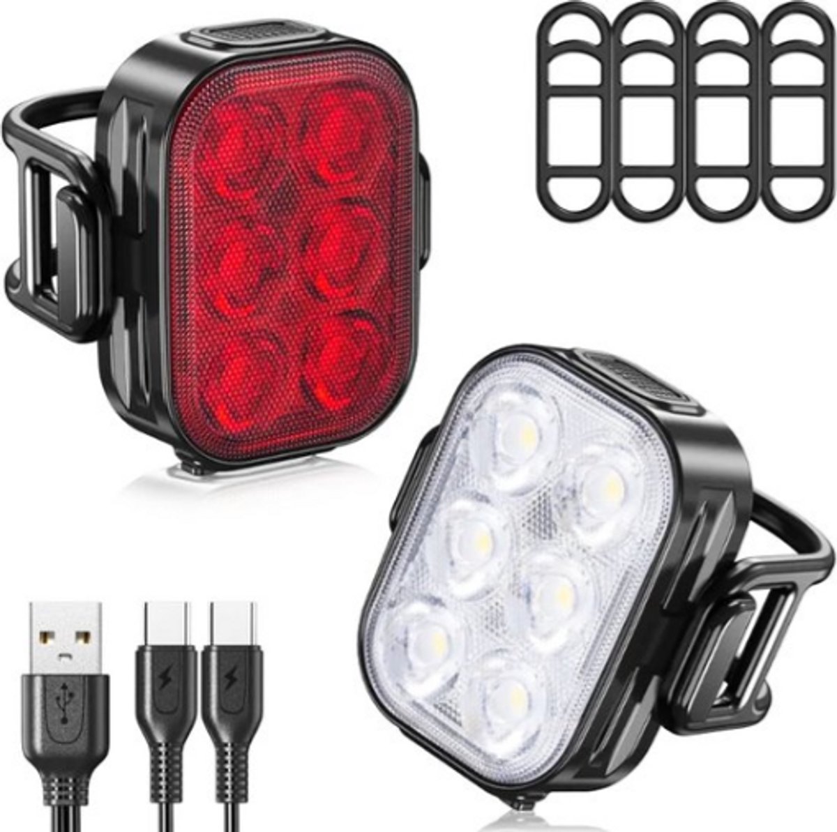 Rieba® Fietsverlichting LED USB Oplaadbaar - Verlichting Fietslamp Set - Fiets Voorlicht Achterlicht - Fietslampjes - Achterlamp 6 Lichtstanden - Koplamp 4 Lichtstanden - IPX6 Waterdicht - Valbestendig - 2-Delig - Inclusief Oplaadkabels - Rood & Wit thumbnail 6