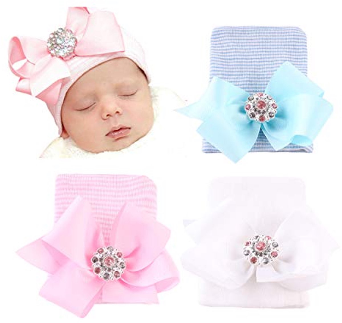 Pasgeboren Ziekenhuis Hoed voor Baby's - Set van 3 Met Grote Boog - Zachte en Leuke Beanie
