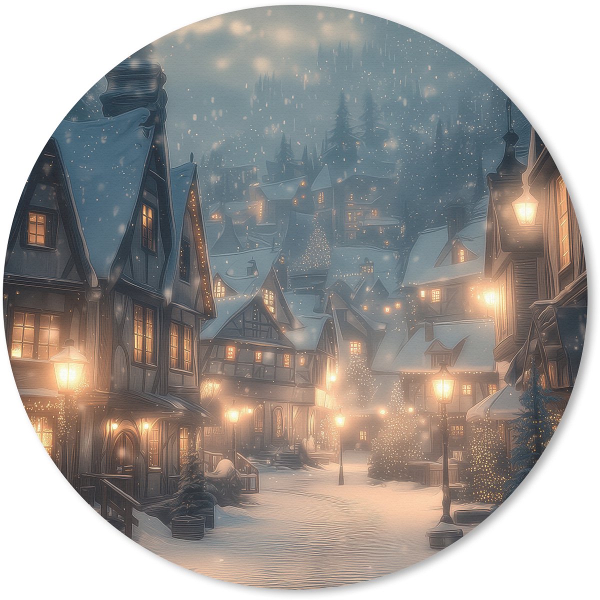Muismat rond 50x50 cm - Mousepad Winterdorp - Sneeuw - Donker - Ronde muismatten