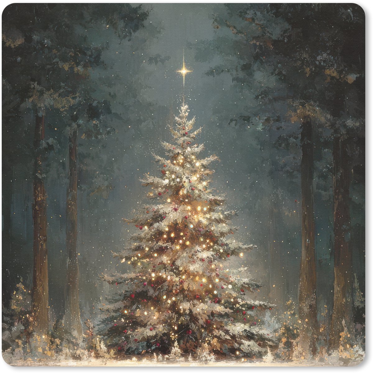 Muismat 30x30 cm - Mousepad Kerstboom - Bos - Sneeuw - meerkleurig - Muismatten