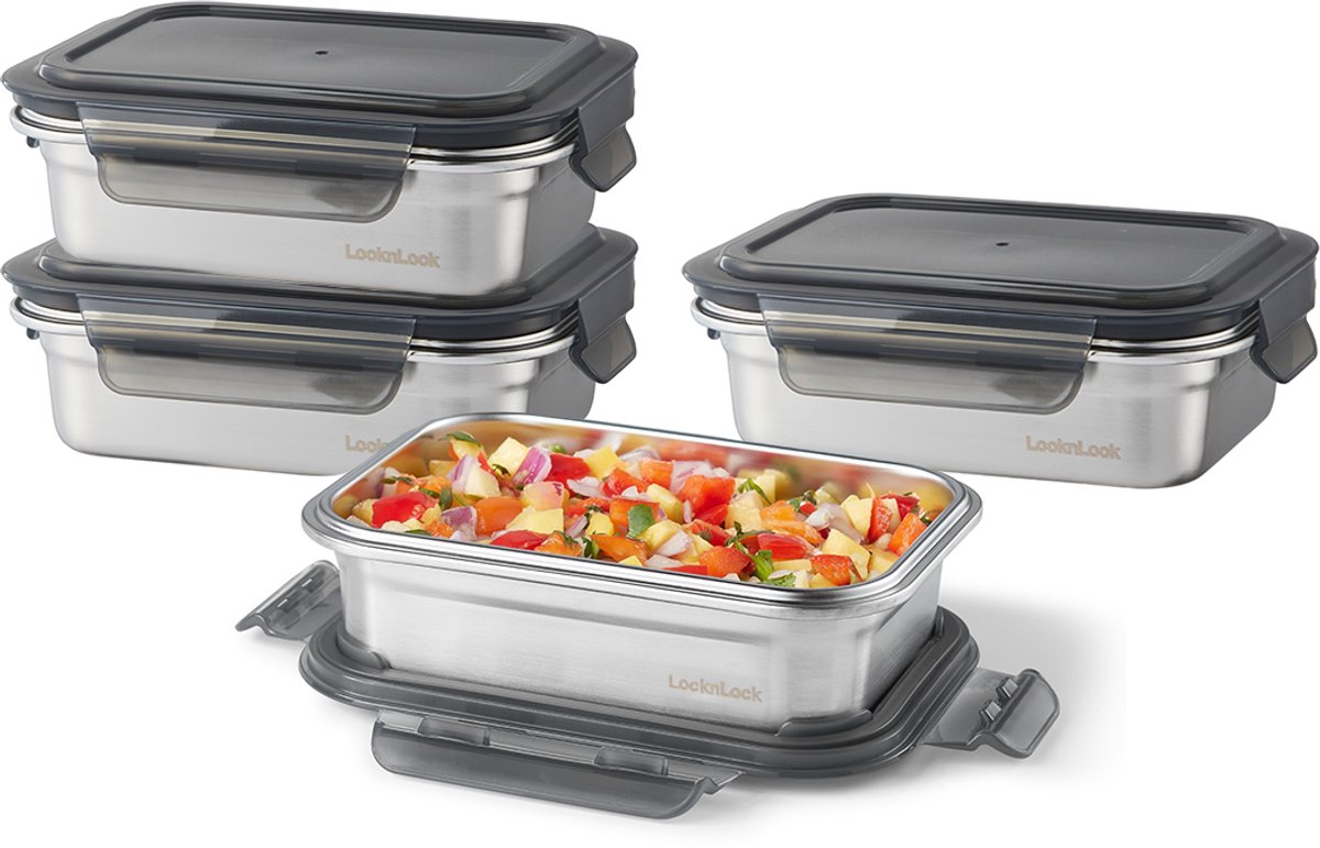 Lock&Lock RVS Vershoudbakjes met deksel - RVS bakjes - Bewaarbakjes - Diepvriesbakjes - Meal prep bakjes - Vershouddoos - RVS Snackbox - Snackdoosjes - Roestvrijstaal - Lekvrij - BPA vrij - PFAS vrij - Set van 4 stuks - 600 ml