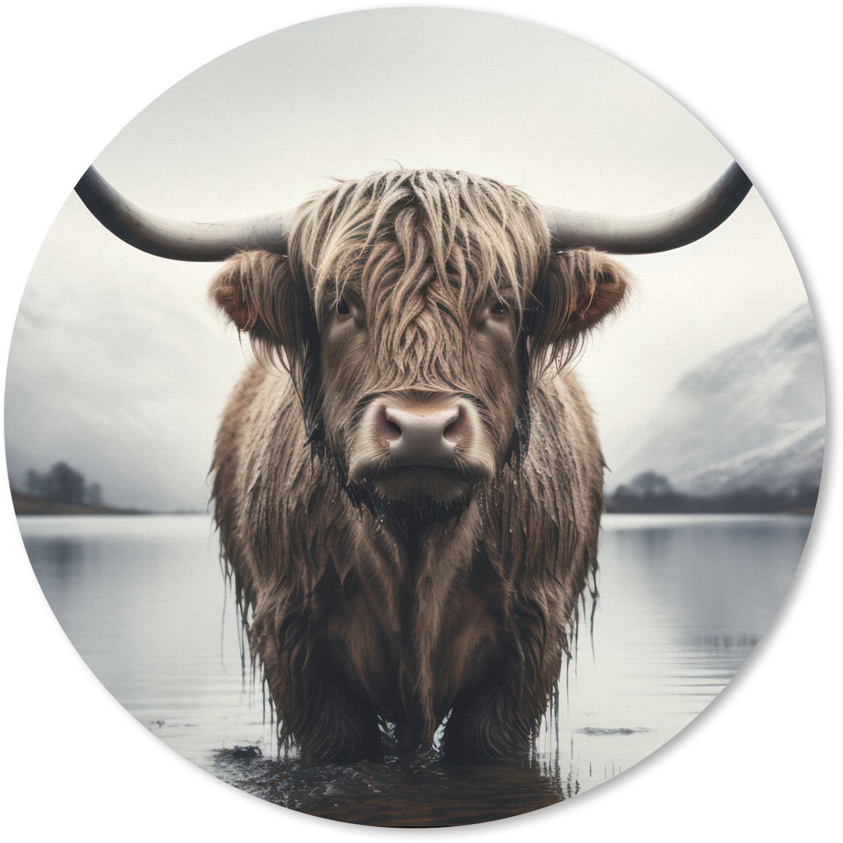 Muismat rond 40x40 cm - Mousepad Schotse hooglander - Water - Nat - Ronde muismatten
