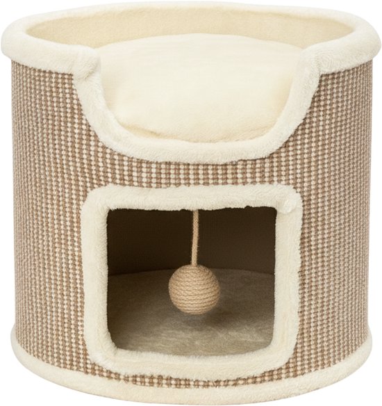 Cilindrische krabton met gestreept beige exterieur, crèmekleurige rand en een zacht crèmekleurig kussen. Een touwbal hangt binnen.