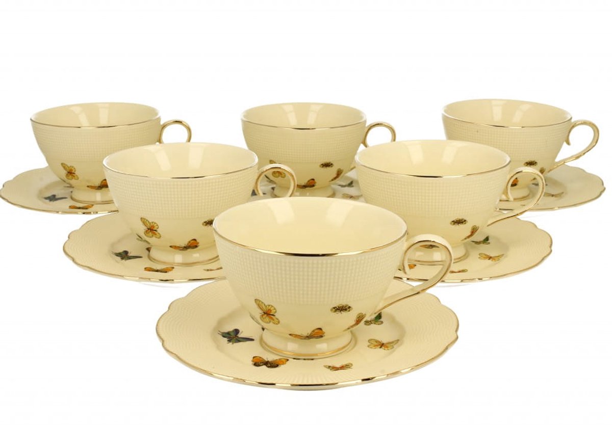 Porseleinen Kopjes met Schotels 260ml - Set van 6 - Motief Vlinders