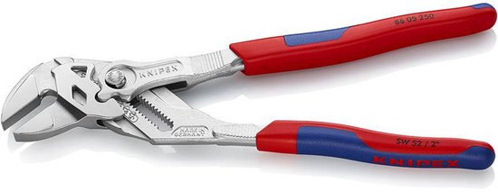 Knipex "86 05 250" "SW 52 / 2""" waterpomptang met rode en blauwe handvatten op witte achtergrond.