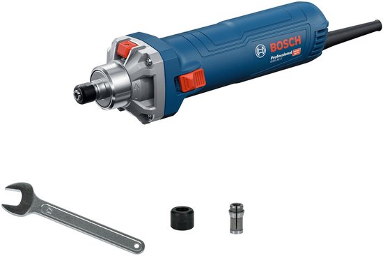Bosch Professional GGS 30 S rechte slijper met blauwe en zilveren behuizing, inclusief gereedschap.