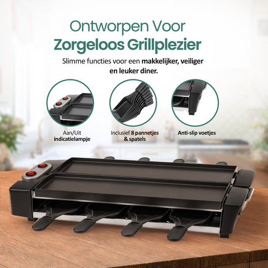 Emerio Raclette Grill - Gourmet - 8 Pannetjes en spatels - ILAG coating - Anti-slip voetjes - Aluminium Grillplaat - 40,6 x 10 cm - RG-132098.2 — afbeelding 5