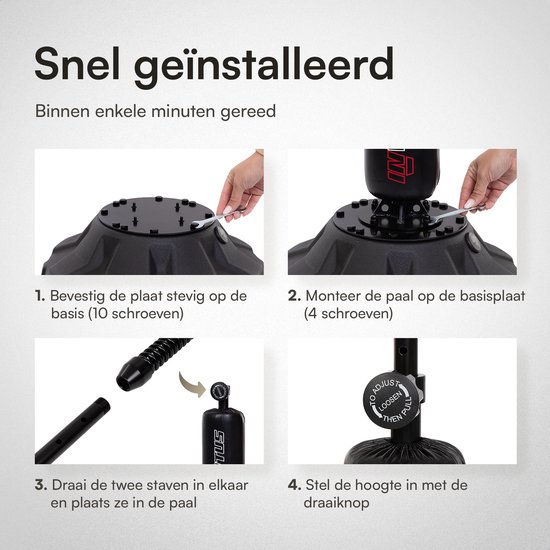 Stappenplan voor het monteren van de bokspaal: bevestig de basis, monteur de paal, draai de staven in elkaar, stel de hoogte in.