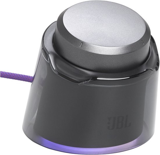 Transparante oplader voor JBL headset met paars draadje en JBL logo.