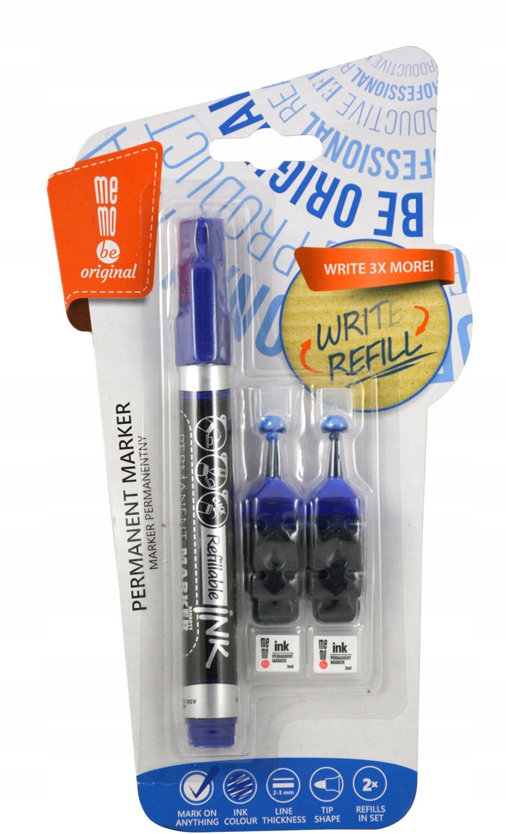 MemoBe Permanente Marker Blauw - Navulbaar met 2 Ampullen