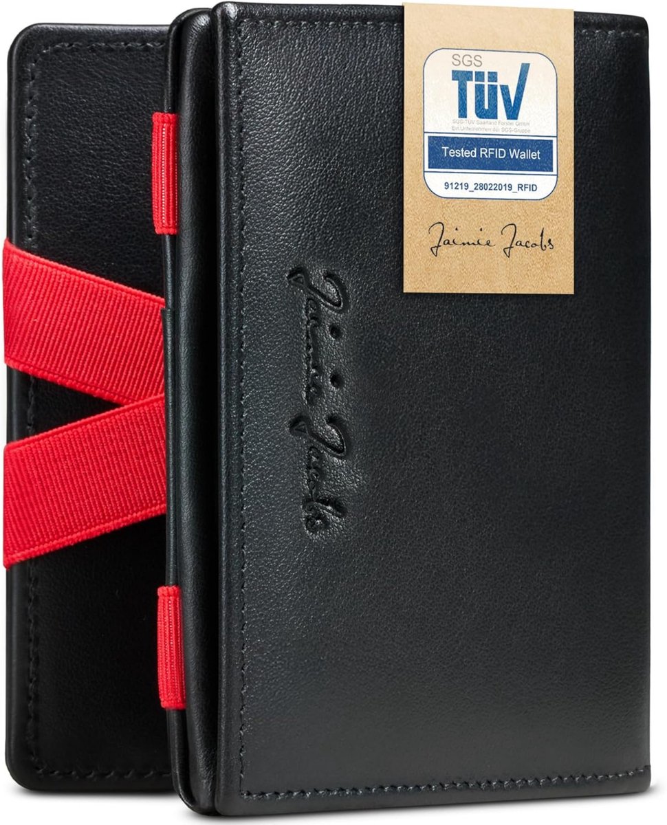 Jaimie Jacobs Flap Boy - Magische portemonnee met muntvak en RFID-bescherming, magische portemonnee met kleingeldvak voor heren, echt leer, zwart met rood