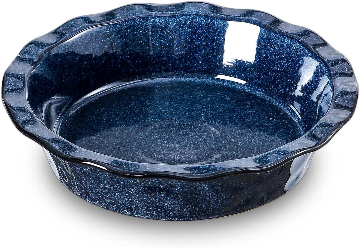 Keramische taartpan 23 cm - ronde gecanneleerde diepe schotel voor taart, pizza, appeltaart - reactief glazuur - sterrenblauw - bakvorm.