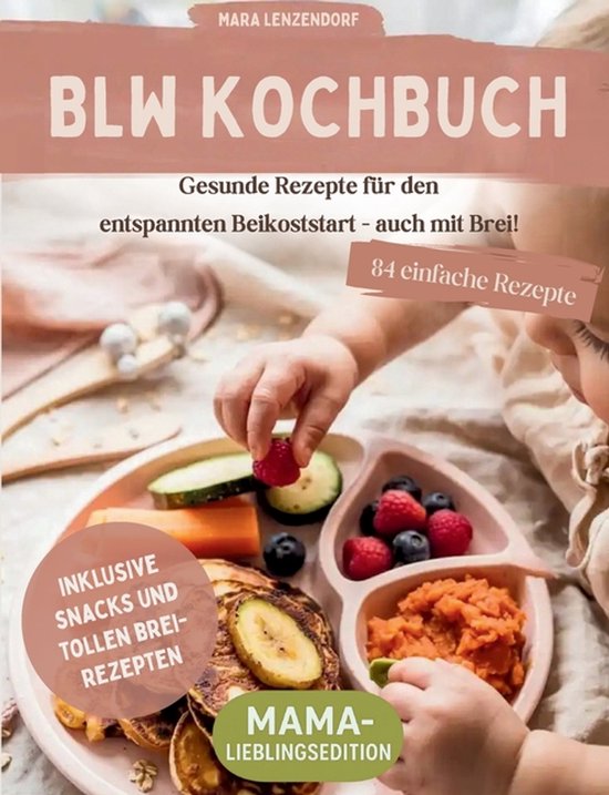 Kookboek 'BLW Kochbuch' met een baby die gezonde hapjes eet van een verdeeld roze bordje.