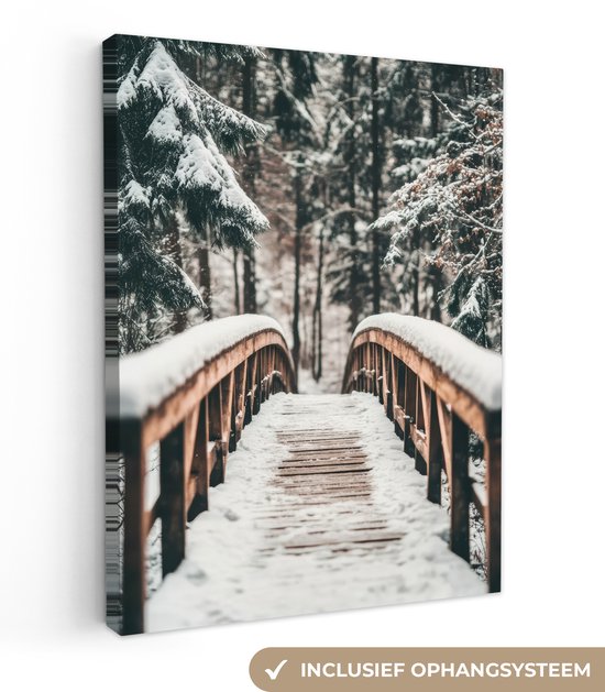 Canvas schilderij 30x40 cm - Wanddecoratie Brug - Winterlandschap - Bos - Natuur - Sneeuw - Muurdecoratie woonkamer - Slaapkamer decoratie - Kamer accessoires - Schilderijen op canvas
