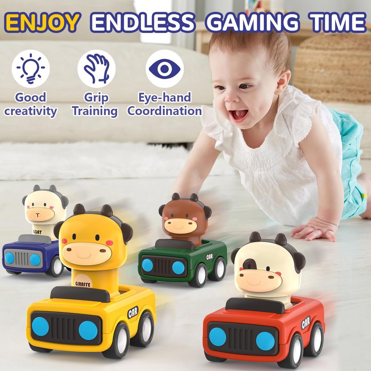 Kraftverdia® - Speelgoed auto - Vanaf 1 jaar jongens en meisjes - 4 stuks auto speelgoed baby dierenraceauto - Press-and-go speelgoedvoertuigenset voor peuters 10-12-18 maanden - cadeau voor kinderen van 1 2 3 jaar — afbeelding 2