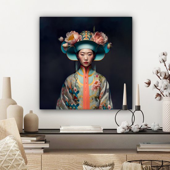 Tableau sur toile Femmes - Asiatique - Portrait - Vêtements - Fleurs - 50x50 cm - Décoration murale