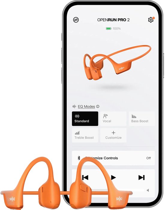 Smartphone met Shokz OpenRun Pro 2 oranje bone conduction koptelefoon en app.