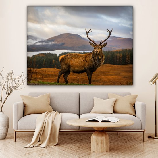Tableau sur toile - Cerf avec paysage 160x120 - Accessoires de décoration de chambre nature - Peintures animaux de salon - Décoration murale chambre - Décoration murale cuisine - Tissu mural intérieur - Décoration maison - Accessoires de maison