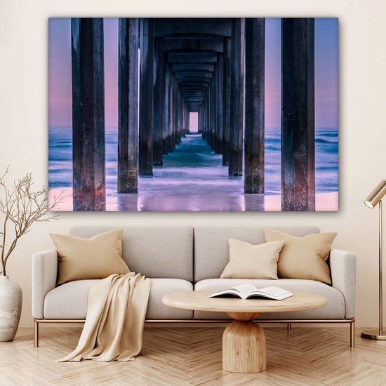 Peinture sur toile - Photo sur toile - Jetée - Plage - Mer - Violet - Vagues - Décoration murale - 180x120 cm - Canvasdoek - Photo sur toile