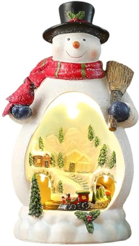 Kersthuizen, kerstdecoratie met ledverlichting, roterende trein en aantrekkelijke muziek, muziekdoos voor Kerstmis, decoratie voor klein kerstdorp (1, sneeuwpop)