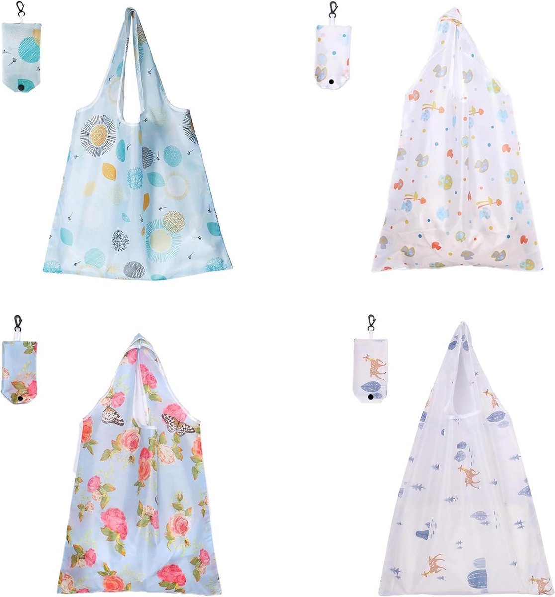 Opvouwbare boodschappentassen - Set van 4 stuks - Eco-vriendelijk en wasbaar - Waterdichte polyester tas met handige haak - Inclusief opbergzakje - Ideaal voor dagelijks gebruik, reizen en vakantie