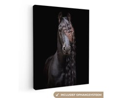 Canvas schilderij 90x120 cm - Wanddecoratie Paarden - Fries - Manen - Zwart - Dieren - Muurdecoratie woonkamer - Slaapkamer decoratie - Kamer accessoires - Schilderijen op canvas