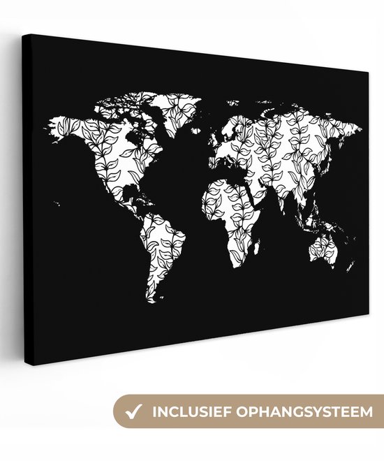 Wereldkaart avec motif de feuilles en noir et blanc 120x80 cm